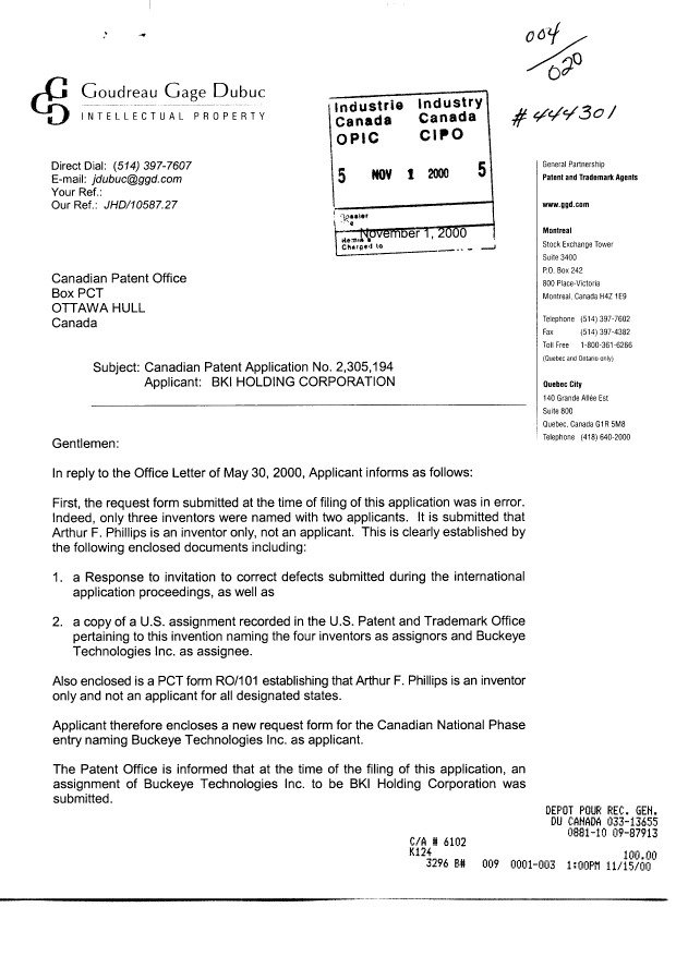 Document de brevet canadien 2305194. Correspondance 20001101. Image 1 de 6