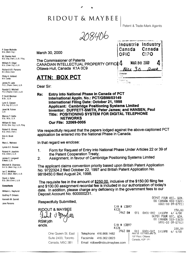 Canadian Patent Document 2305586. Assignment 20000330. Image 1 of 4