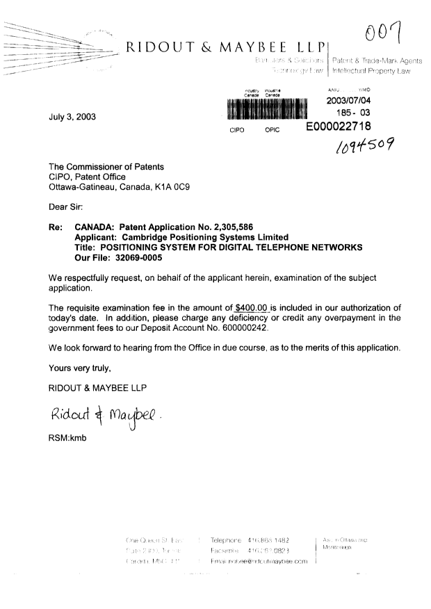 Canadian Patent Document 2305586. Prosecution-Amendment 20030704. Image 1 of 1