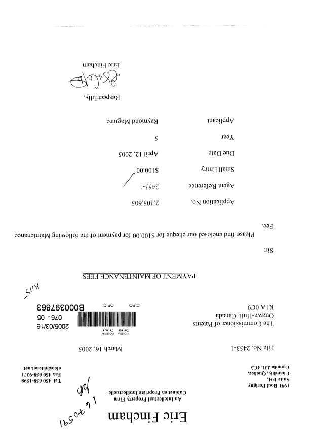 Document de brevet canadien 2305605. Taxes 20041216. Image 1 de 1