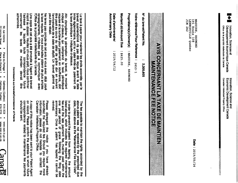Document de brevet canadien 2305605. Correspondance 20181213. Image 1 de 2
