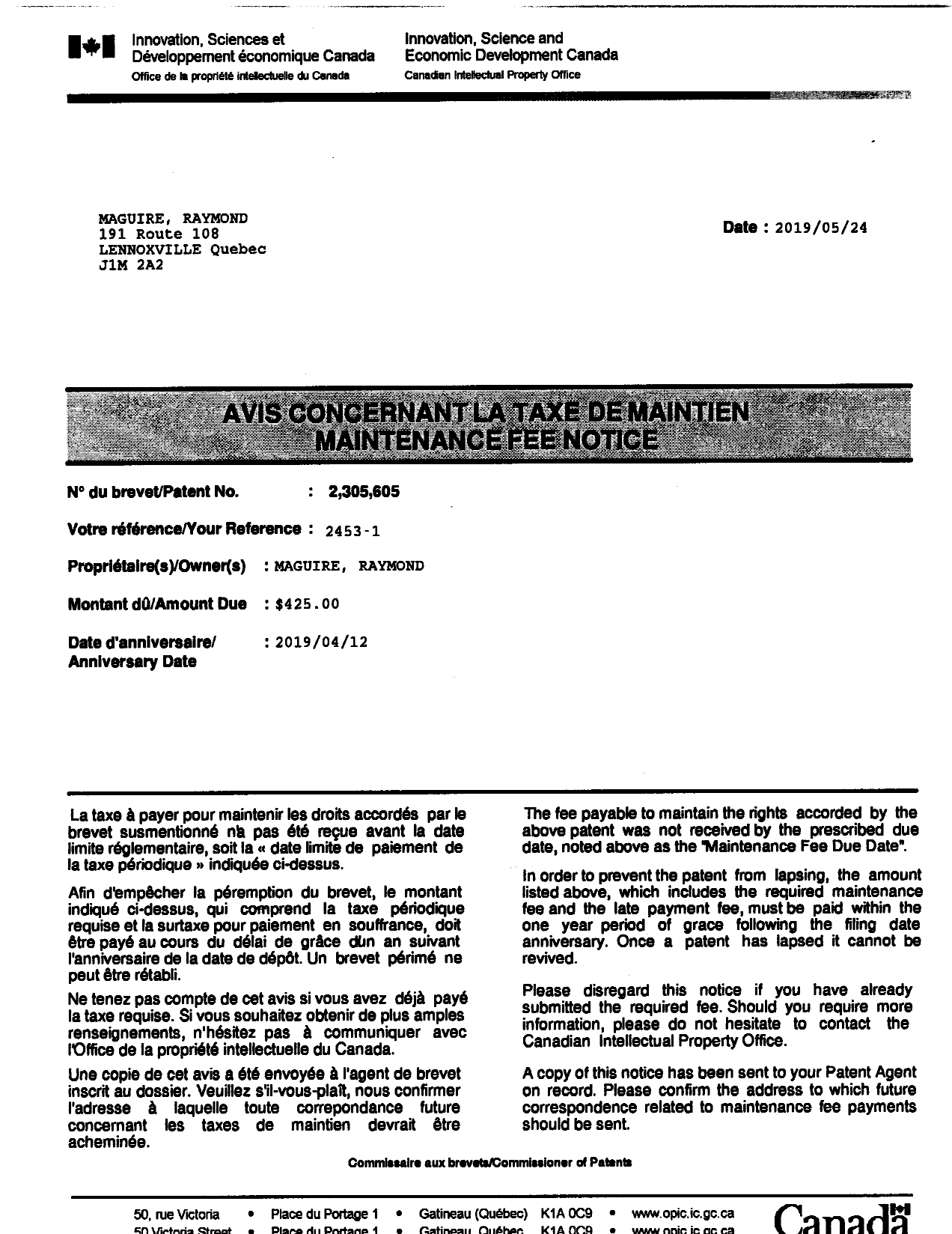 Document de brevet canadien 2305605. Correspondance 20181213. Image 1 de 2