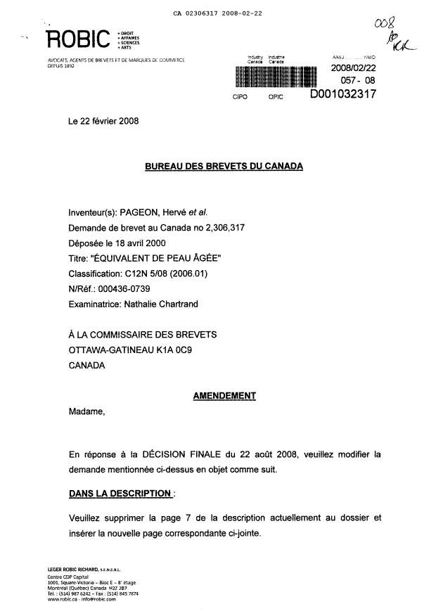 Canadian Patent Document 2306317. Prosecution-Amendment 20080222. Image 1 of 21