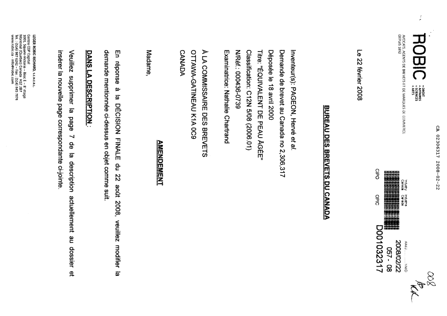 Canadian Patent Document 2306317. Prosecution-Amendment 20080222. Image 1 of 21