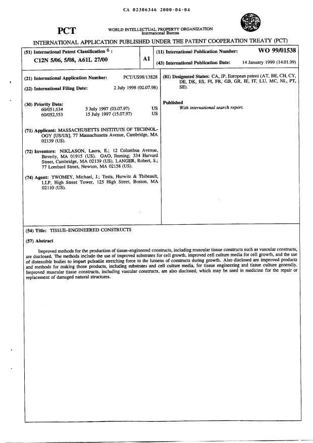 Document de brevet canadien 2306346. Abrégé 20000404. Image 1 de 1