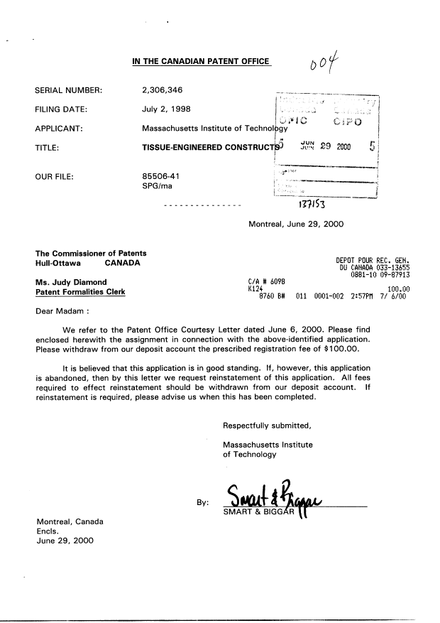 Document de brevet canadien 2306346. Cession 20000629. Image 1 de 13