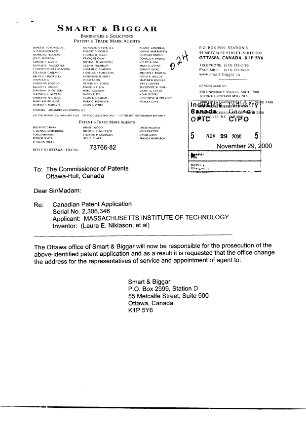 Document de brevet canadien 2306346. Correspondance 20001129. Image 1 de 2