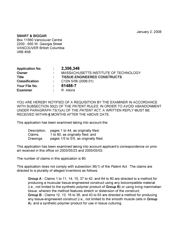 Document de brevet canadien 2306346. Poursuite-Amendment 20080102. Image 1 de 6