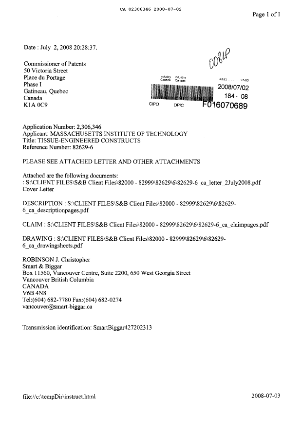 Document de brevet canadien 2306346. Poursuite-Amendment 20080702. Image 1 de 19