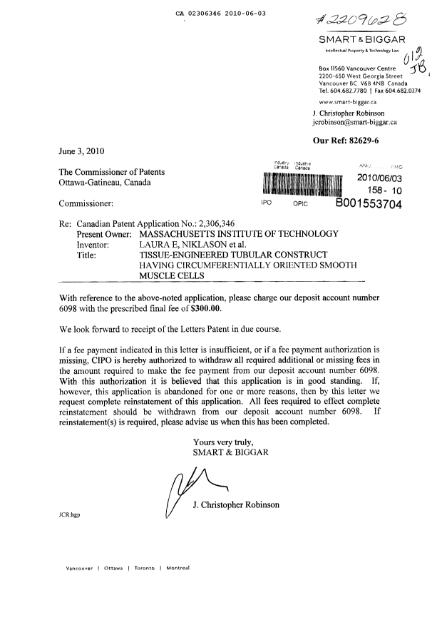 Document de brevet canadien 2306346. Correspondance 20100603. Image 1 de 1