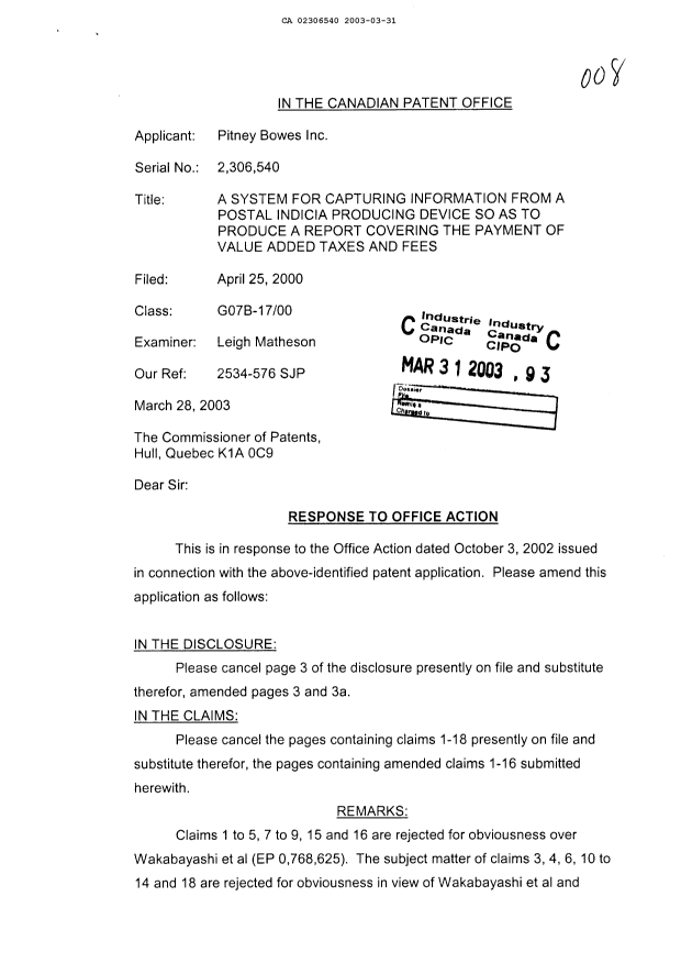 Canadian Patent Document 2306540. Prosecution-Amendment 20021231. Image 1 of 9