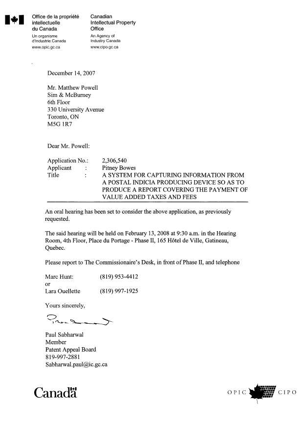 Document de brevet canadien 2306540. Correspondance 20071214. Image 1 de 1