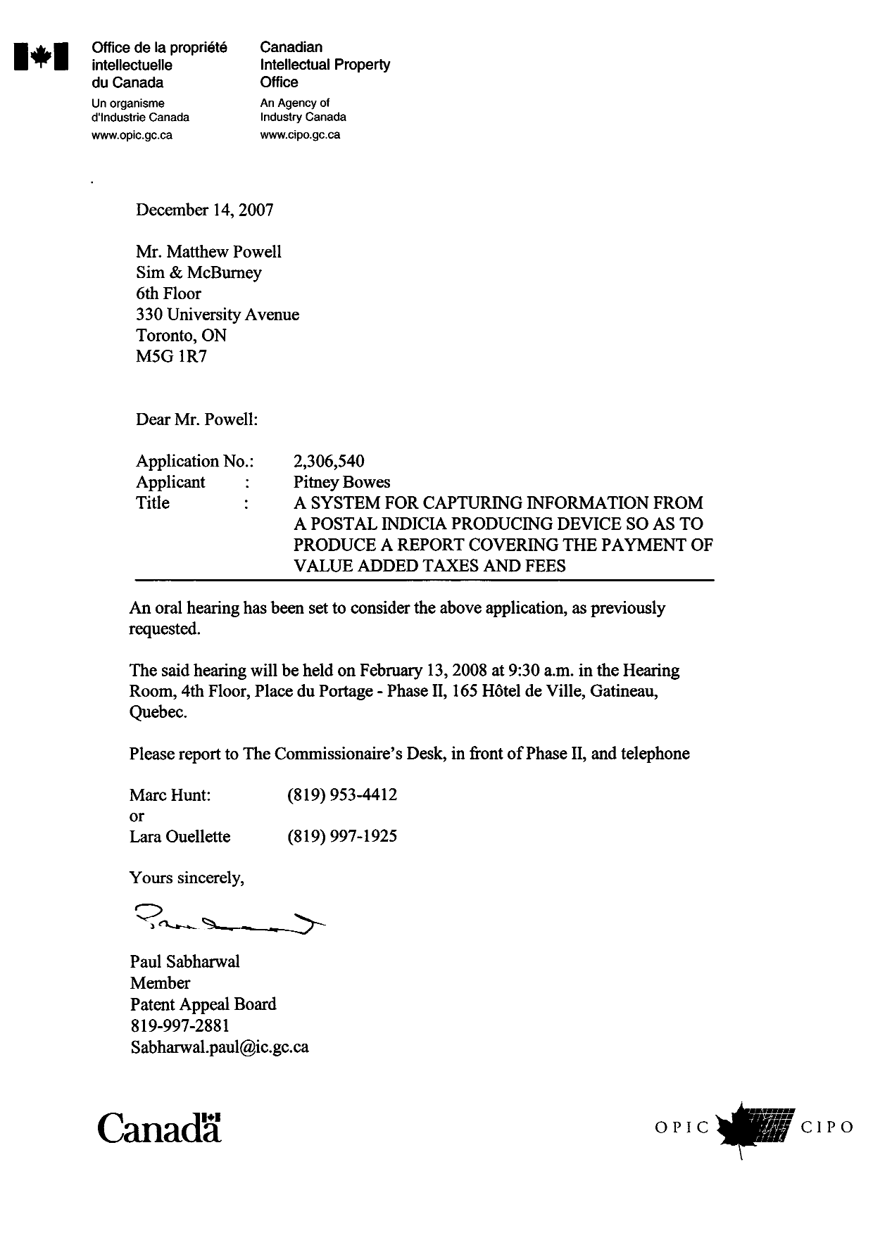 Canadian Patent Document 2306540. Correspondence 20071214. Image 1 of 1