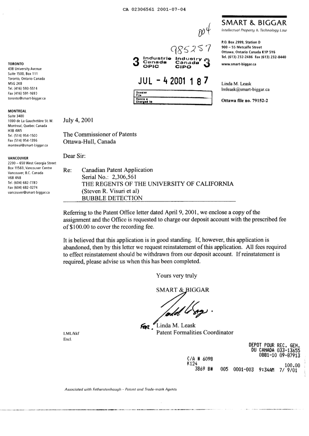 Document de brevet canadien 2306561. Cession 20010704. Image 1 de 5