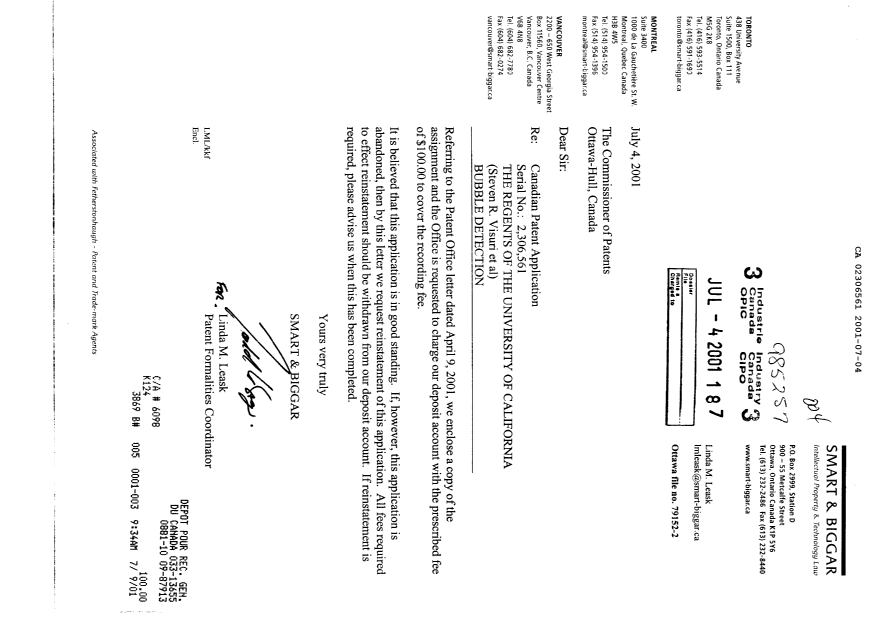Canadian Patent Document 2306561. Assignment 20010704. Image 1 of 5