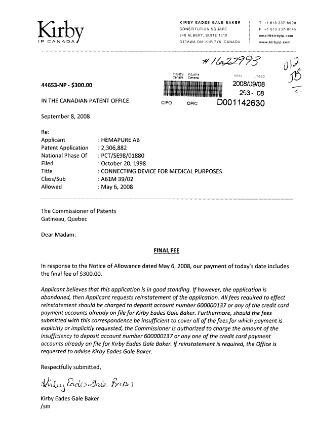 Document de brevet canadien 2306882. Correspondance 20080908. Image 1 de 1