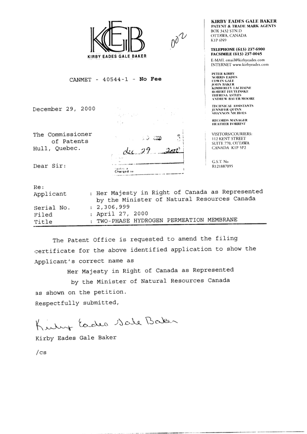 Document de brevet canadien 2306999. Correspondance 20001229. Image 1 de 1