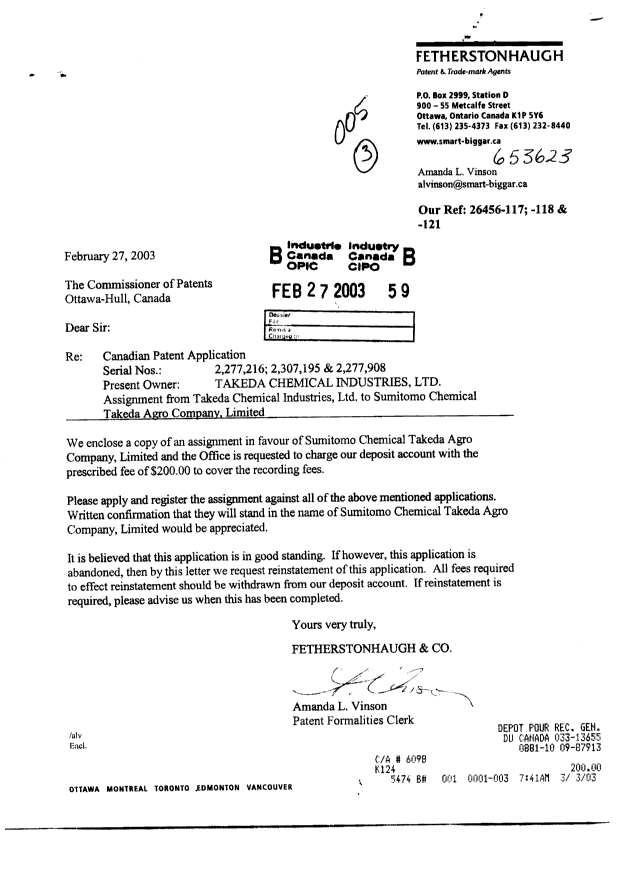 Document de brevet canadien 2307195. Cession 20030227. Image 1 de 2