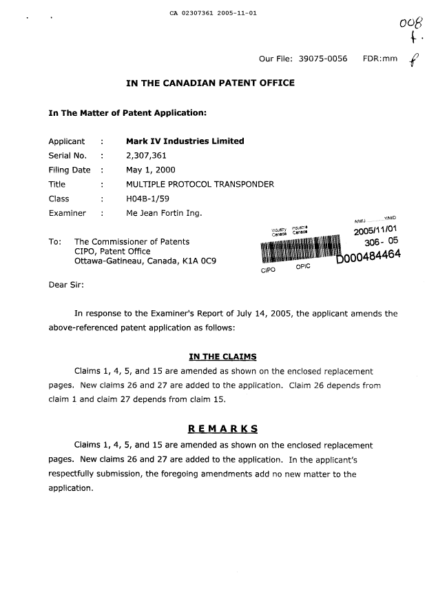 Canadian Patent Document 2307361. Prosecution-Amendment 20051101. Image 1 of 9