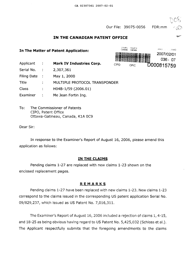 Canadian Patent Document 2307361. Prosecution-Amendment 20070201. Image 1 of 8
