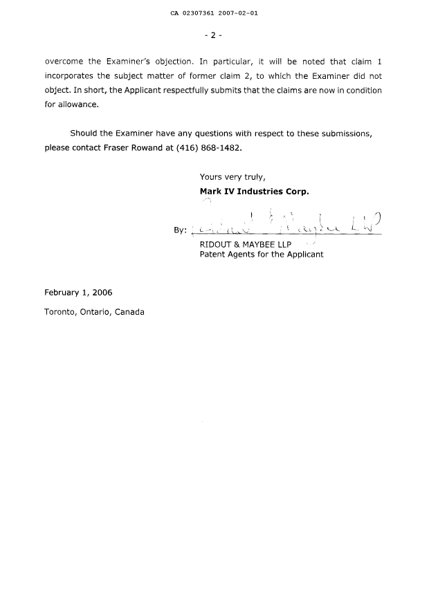 Canadian Patent Document 2307361. Prosecution-Amendment 20070201. Image 2 of 8