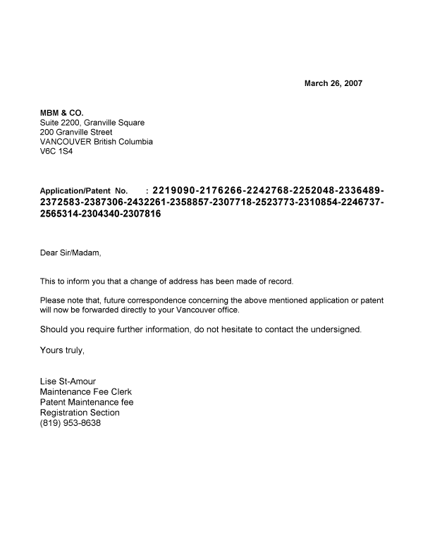 Canadian Patent Document 2307816. Correspondence 20070326. Image 1 of 1