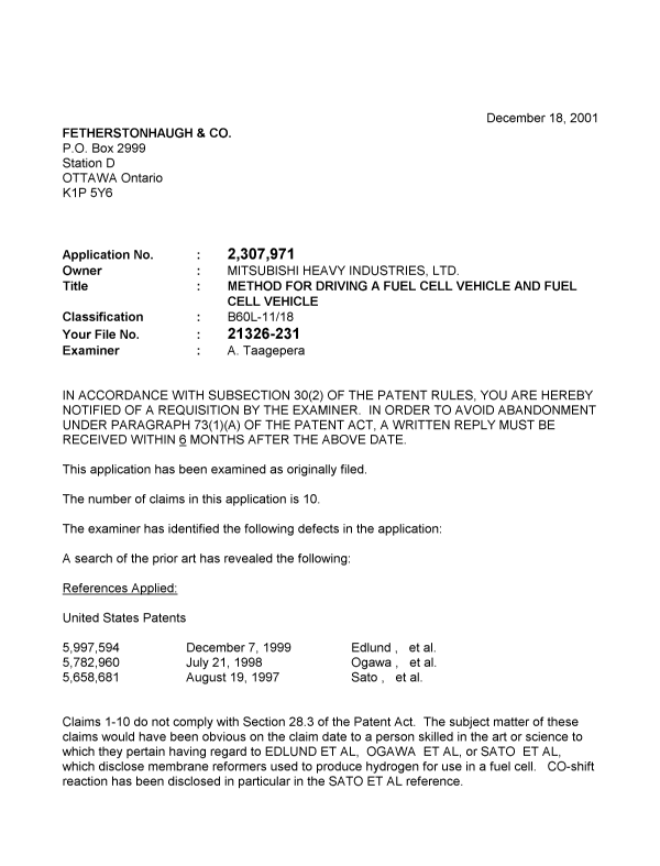 Canadian Patent Document 2307971. Prosecution-Amendment 20001218. Image 1 of 2