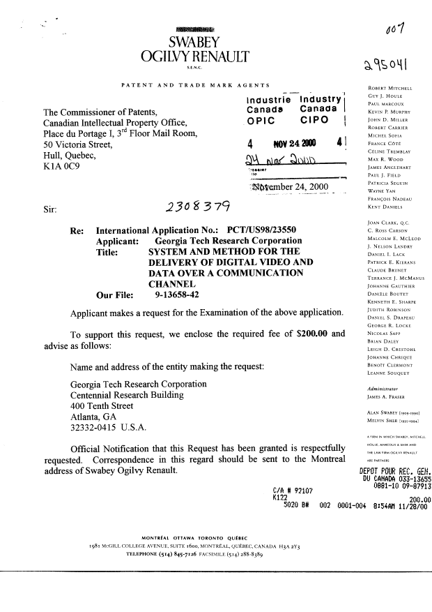 Canadian Patent Document 2308379. Prosecution-Amendment 20001124. Image 1 of 2