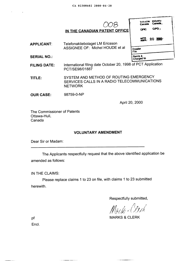 Canadian Patent Document 2308602. Prosecution-Amendment 19991220. Image 1 of 7