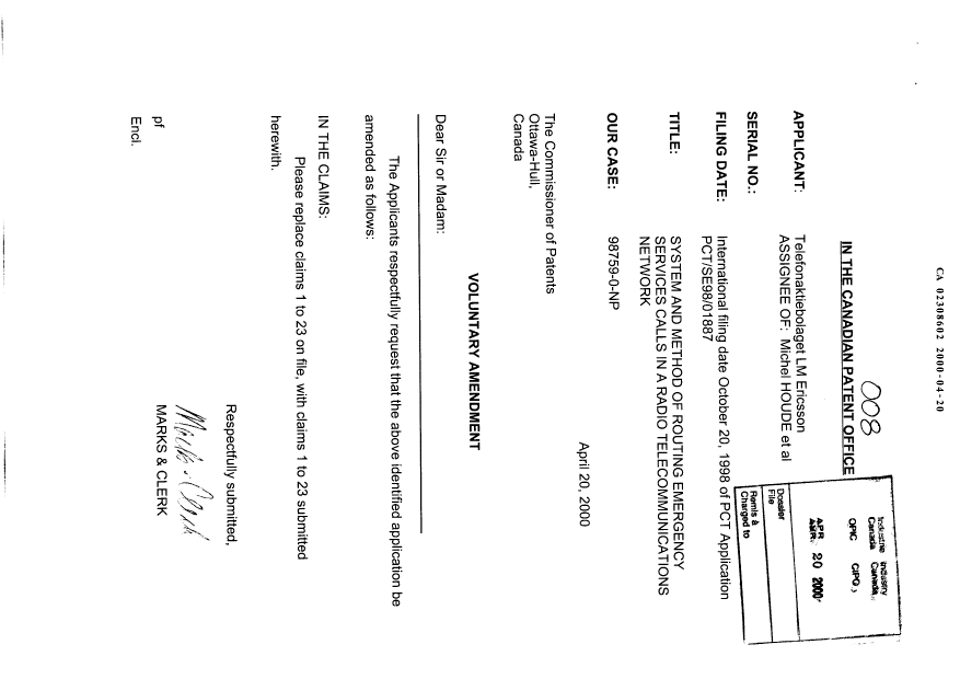Canadian Patent Document 2308602. Prosecution-Amendment 19991220. Image 1 of 7
