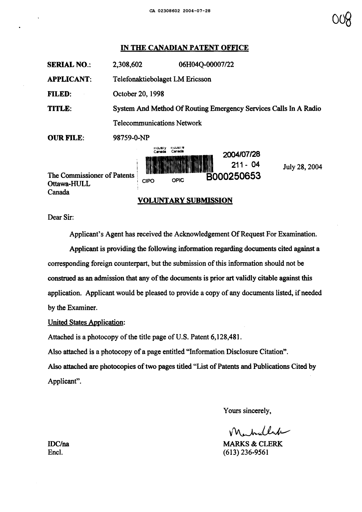 Canadian Patent Document 2308602. Prosecution-Amendment 20031228. Image 1 of 1