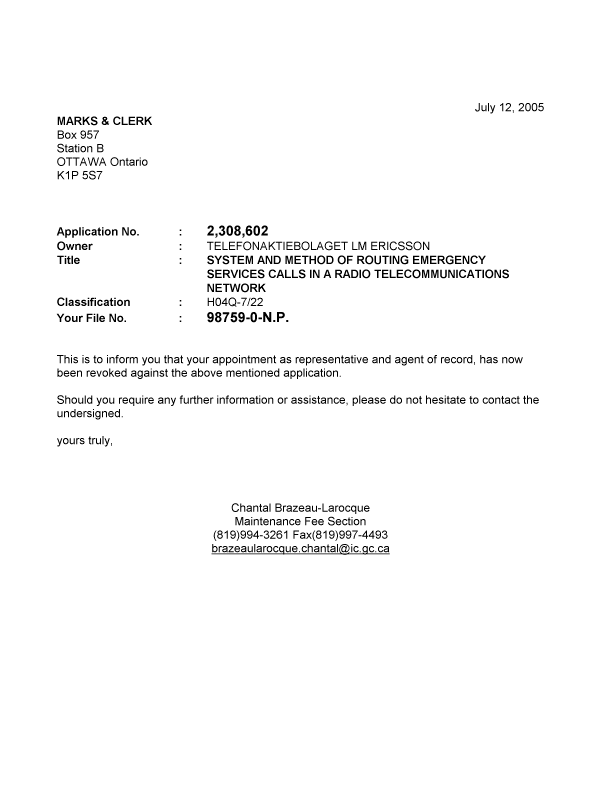 Document de brevet canadien 2308602. Correspondance 20041212. Image 1 de 1