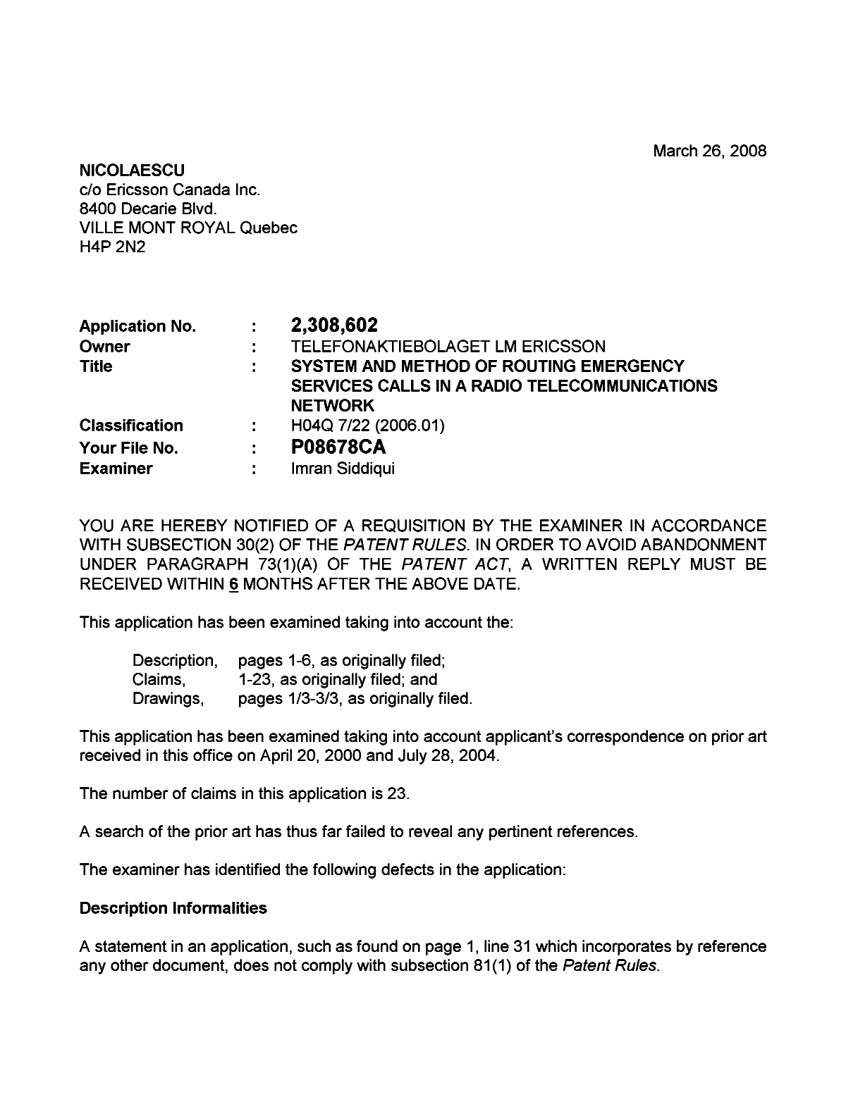 Canadian Patent Document 2308602. Prosecution-Amendment 20071226. Image 1 of 2