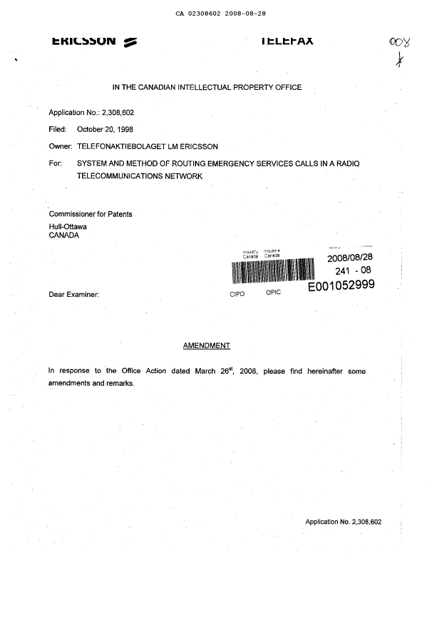 Document de brevet canadien 2308602. Poursuite-Amendment 20071228. Image 1 de 5