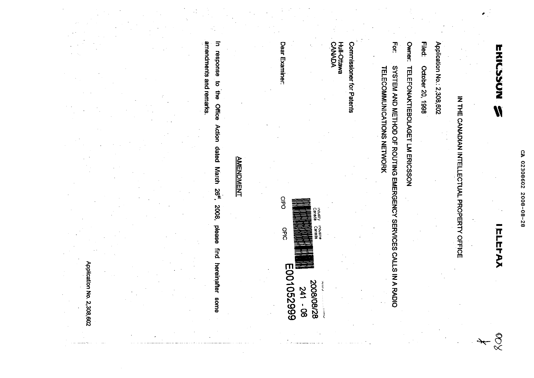 Canadian Patent Document 2308602. Prosecution-Amendment 20071228. Image 1 of 5