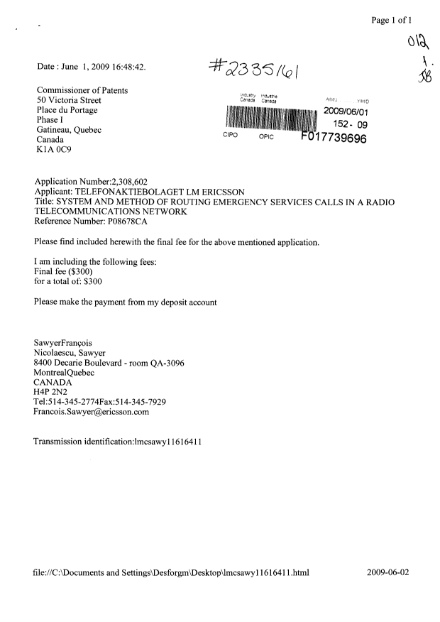 Canadian Patent Document 2308602. Correspondence 20081201. Image 1 of 1