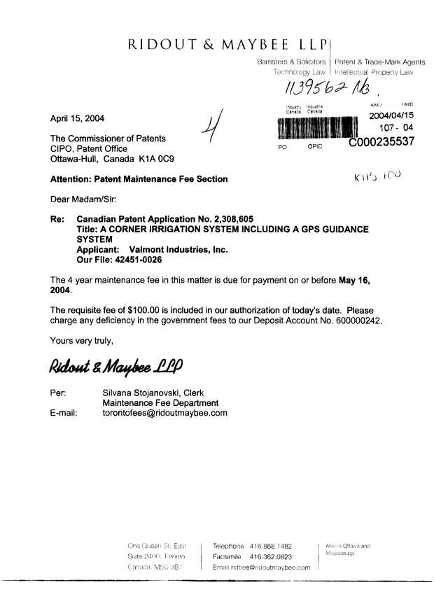 Document de brevet canadien 2308605. Taxes 20040415. Image 1 de 1