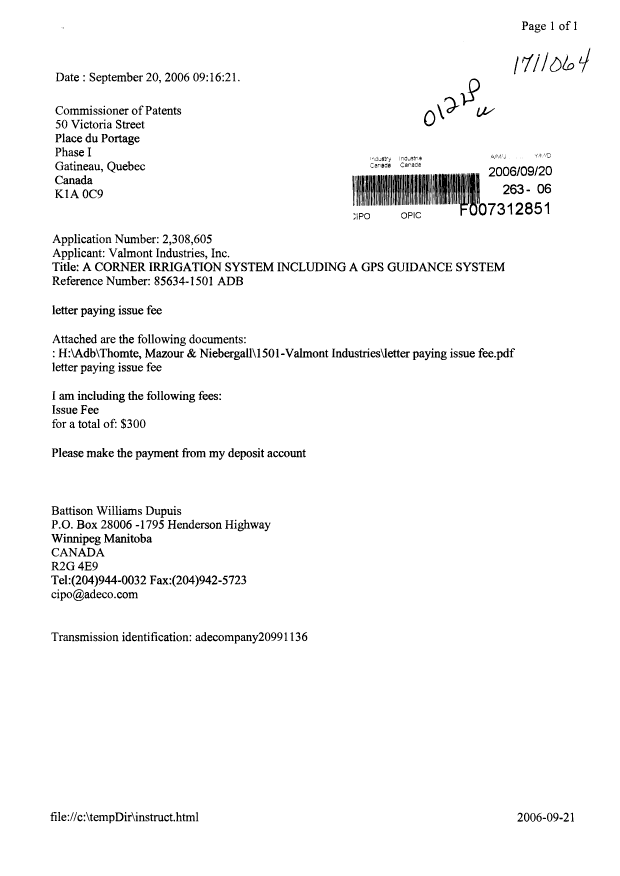 Document de brevet canadien 2308605. Correspondance 20060920. Image 1 de 2