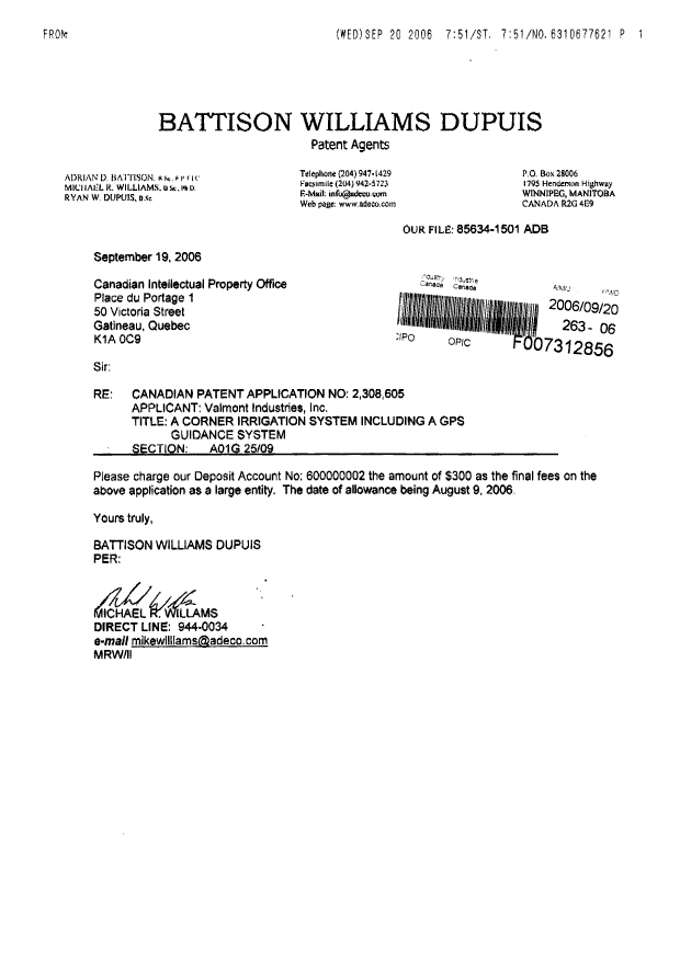 Canadian Patent Document 2308605. Correspondence 20060920. Image 2 of 2