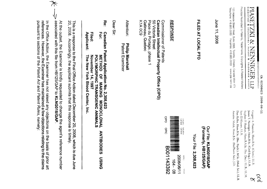 Canadian Patent Document 2308623. Prosecution-Amendment 20080611. Image 1 of 7