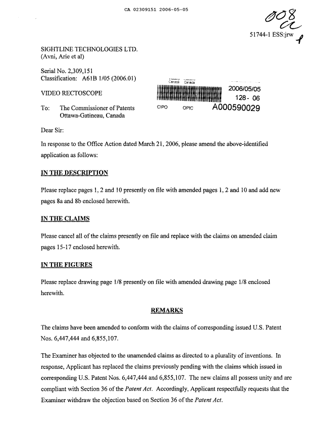 Canadian Patent Document 2309151. Prosecution-Amendment 20060505. Image 1 of 11