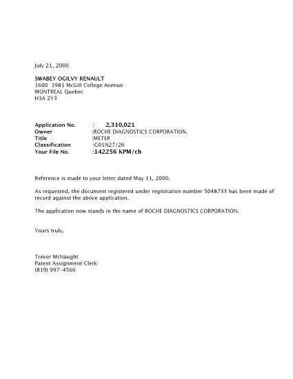 Document de brevet canadien 2310021. Correspondance 20000721. Image 1 de 1