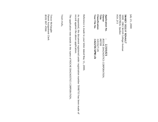 Canadian Patent Document 2310021. Correspondence 20000721. Image 1 of 1