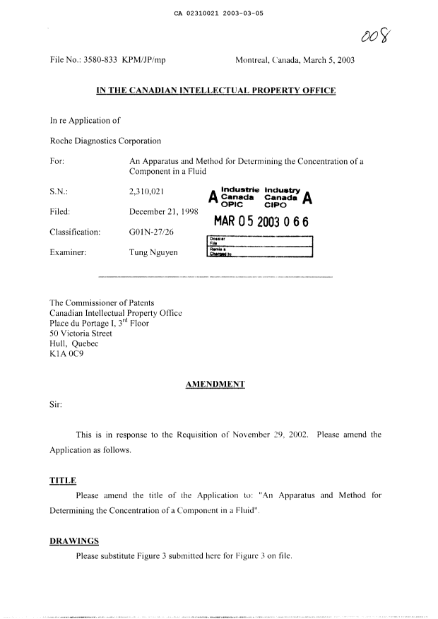 Canadian Patent Document 2310021. Prosecution-Amendment 20030305. Image 1 of 15