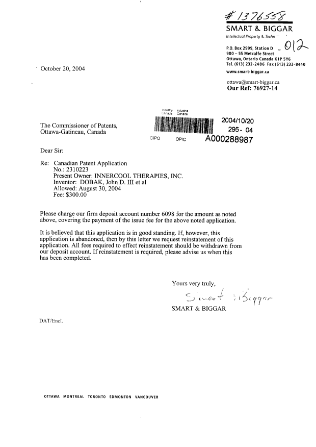 Document de brevet canadien 2310223. Correspondance 20041020. Image 1 de 1