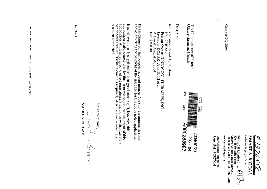 Canadian Patent Document 2310223. Correspondence 20041020. Image 1 of 1