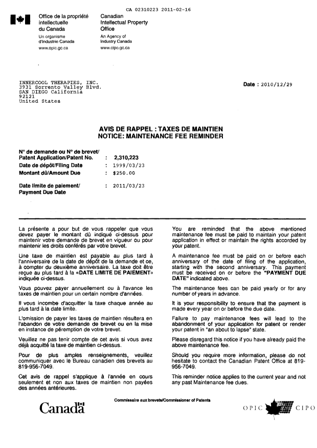 Canadian Patent Document 2310223. Correspondence 20110216. Image 1 of 2