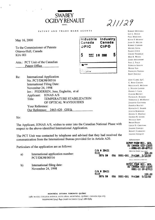 Document de brevet canadien 2310316. Cession 20000516. Image 1 de 3