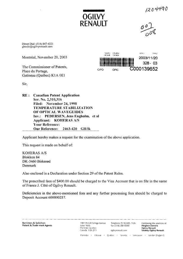 Document de brevet canadien 2310316. Poursuite-Amendment 20031120. Image 1 de 3