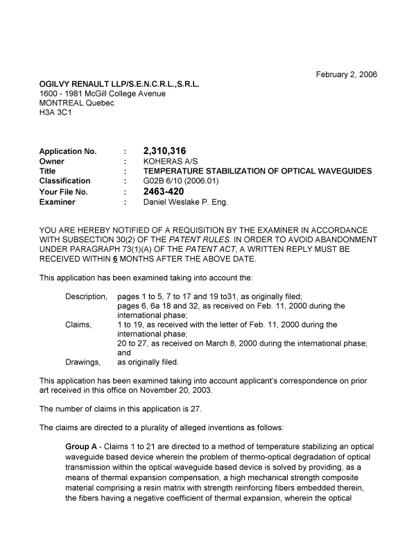 Document de brevet canadien 2310316. Poursuite-Amendment 20060202. Image 1 de 3